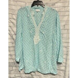 Charter Club Blouse Tunic Womens 3X Blue White Embroidered Long Sleeve Argyle